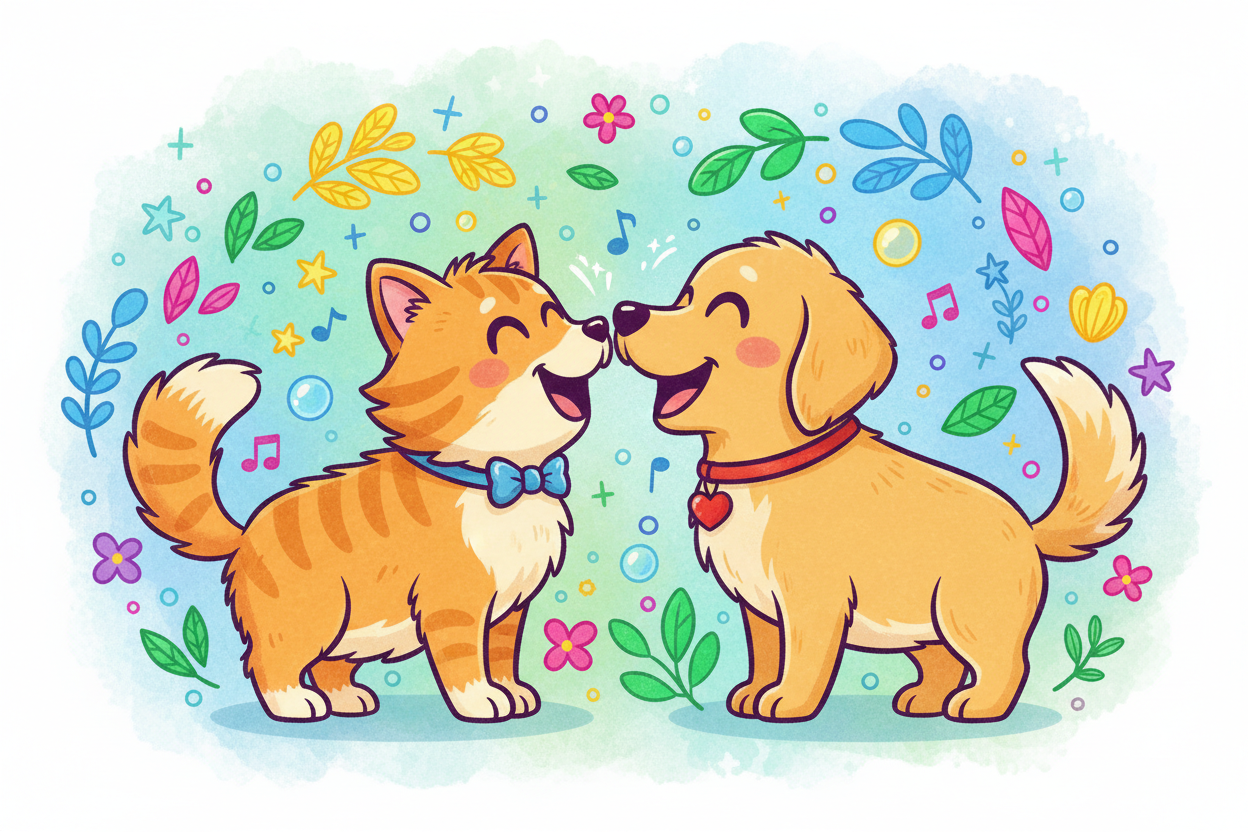 um gato e um cachorro feliz em desenho